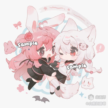 ! 2girls :d ahoge animal_ears bai_xiong_nailaojuan black_sailor_collar black_shirt black_shoes black_skirt black_socks blush braid chibi chibi_only closed_mouth double-parted_bangs flower full_body hair_between_eyes hair_flower hair_ornament hand_up heart heart_ahoge highres kneehighs long_hair long_sleeves mihuashi_username multiple_girls one_eye_closed open_mouth original pink_hair pleated_skirt rabbit-shaped_pupils rabbit_ears rabbit_girl red_eyes red_flower red_rose rose sailor_collar sample_watermark school_uniform serafuku sheep_hair_ornament shirt shoes skirt smile socks spoken_exclamation_mark symbol-shaped_pupils tail watermark white_hair white_shirt white_socks wolf_ears wolf_girl wolf_tail