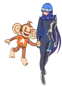 1boy aiai_(super_monkey_ball) alternate_costume atlus blue_bodysuit blush bodysuit closed_eyes holding_hands long_hair male_focus monkey protagonist_(smtv) ruw_ruler sega shin_megami_tensei shin_megami_tensei_v simple_background skin_tight solo super_monkey_ball very_long_hair white_background