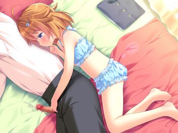 1boy 1girl ahoge bare_arms bare_legs bare_shoulders barefoot black_pants blonde_hair blue_camisole blue_eyes blue_shorts blush camisole censored chishima_mako closed_mouth cum erection game_cg hair_ornament heart heart_hair_ornament hetero jacket large_variant_set lying medium_hair mosaic_censoring non-web_source on_side pants penis penis_out pillow piyodera_mucha shirt short_shorts shorts soushisouai_lolita unworn_jacket variant_set white_shirt