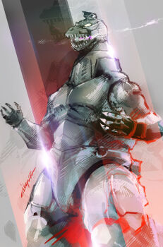 artist_name claws glint godzilla_(series) godzilla_vs._mechagodzilla_ii ikuyoan kaiju mecha mecha_focus mechagodzilla no_humans non-humanoid_robot open_mouth robot sharp_teeth signature solo super_robot teeth toho tokusatsu yellow_eyes zoom_layer