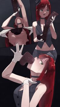 1girl animal_penis armpit_crease bare_shoulders breasts choker cleavage deepthroat dildo fellatio gloves green_eyes highres holding horse_penis large_breasts long_hair midriff navel nichijou_chahan-dera open_mouth oral original penis penis_awe red_hair saliva sex_toy sleeveless solo stomach sweat sweatdrop tears trembling uncensored white_gloves