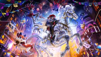 3boys absurdres aerial_fireworks alternate_costume argenti_(honkai:_star_rail) arm_up armor black_hair black_pants black_shirt boothill_(honkai:_star_rail) brown_hair building bunting carrying carrying_person child chimera_(honkai:_star_rail) commentary english_commentary fireworks floating_hair full_body guest_art guitar hair_over_one_eye hat highres honkai:_star_rail honkai_(series) horse horseback_riding hoyofair instrument knight long_hair multicolored_hair multiple_boys non-humanoid_robot pants red_hair red_hat riding robot robot_animal sheath sheathed shirt skeleton stirrups_(riding) sword two-tone_hair very_long_hair vlfdus_0 weapon white_hair