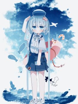 1girl aircraft airplane animal bird blue_bow blue_bowtie blue_eyes blue_hair blue_ribbon blue_skirt blush bow bowtie commentary contrail fish full_body hair_bow hand_up hatsune_miku highres hikimayu holding lifebuoy long_hair looking_at_viewer miniskirt neck_ribbon ocean outdoors polka_dot_bow polka_dot_bowtie puff_of_air red_bow red_bowtie ribbon salute ship's_wheel shirt shoes short_sleeves shrimp skirt sky smile sneakers solo squid standing striped_bow striped_bowtie striped_clothes suspender_skirt suspenders swim_ring syare_0603 twintails very_long_hair vocaloid water_drop white_shoes yokohama_doll_museum_miku