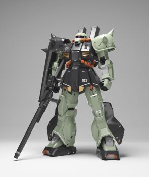 3d beam_cannon cable commentary_request gassan_(7nan8ku) gradient_background gundam highres hizack hizack_custom machinery mecha mecha_focus mobile_suit no_humans one-eyed realistic robot roundel science_fiction shield titans_(gundam) zeta_gundam