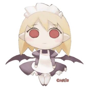 Rule 34 | 1girl, apron, archived source, bat wings, black dress, black shoes, black sleeves, black wings, blonde hair, character name, chris the vampire, closed mouth, commentary, dress, english commentary, full body, hair between eyes, juliet sleeves, light blush, light smile, long sleeves, looking at viewer, lowres, maid, maid headdress, medium dress, medium hair, no nose, no pupils, no sclera, original, panties, petticoat, pointy ears, puffy sleeves, red eyes, shoes, simple background, solid circle eyes, solo, standing, tanaka kunihiko, underwear, vampire, white apron, white background, white headdress, white panties, wings