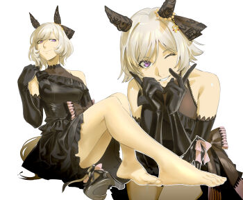 1girl absurdres animal_ears artist_name barefoot black_dress black_gloves curren_chan_(sakutsuki_ma_cherie)_(umamusume) curren_chan_(umamusume) dress ear_covers elbow_gloves gloves grey_hair highres horse_ears horse_girl horse_tail looking_at_viewer official_alternate_costume one_eye_closed purple_eyes ruukii_drift short_hair smile solo tail teeth umamusume