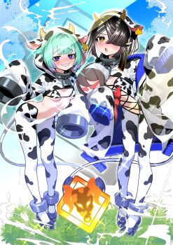 2girls absurdres animal_ears animal_print bell bikini black_hair blush breasts brown_eyes center_opening collar cow_ears cow_horns cow_print cow_tail cowbell cross-laced_clothes fake_animal_ears fake_horns fake_tail fate/grand_order fate_(series) full_body green_hair grin hair_over_one_eye hairband high_heels highres hiphighs hood horns jacket kitsunebi44410 lady_yu_doll locusta_(fate) long_sleeves looking_at_viewer metal_collar milk mole mole_under_eye multicolored_hair multiple_girls navel one-piece_swimsuit open_mouth purple_eyes purple_hair sharp_teeth short_hair shrug_(clothing) sleeves_past_fingers sleeves_past_wrists small_breasts smile sparkle swimsuit tail teeth two-tone_hair white_bikini white_hiphighs white_jacket white_one-piece_swimsuit white_shrug xu_fu_(fate)
