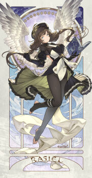 1girl angel_wings black_gloves black_hat blue_eyes book breasts brown_hair card_(medium) clothing_cutout elbow_gloves feathered_wings gloves granblue_fantasy hat highres holding holding_book long_hair looking_at_viewer low_twintails osamu_(jagabata) pantyhose raziel_(granblue_fantasy) side_cutout skirt solo tarot tarot_(medium) twintails wings