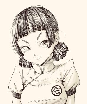 1girl blunt_bangs breasts chinese_clothes commentary_request greyscale hatching_(texture) highres lee_(dragon_garou) low_twintails medium_breasts monochrome original portrait puffy_short_sleeves puffy_sleeves sepia short_sleeves short_twintails smile smug solo twintails v-shaped_eyebrows