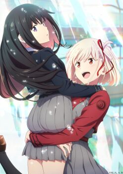 2girls ass black_hair blonde_hair blue_dress blue_eyes breasts carrying carrying_person chisato_carrying_takina_(lycoris_recoil) dress fountain grey_dress hair_ribbon highres huge_ass inoue_takina large_breasts lifting_person long_hair long_sleeves looking_at_another looking_at_viewer lycoris_recoil lycoris_uniform multiple_girls nishikigi_chisato official_art open_mouth pleated_dress red_dress red_eyes red_ribbon ribbon school_uniform short_hair smile teeth thighs two-tone_dress