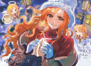 1girl 1other a_dong1987 angel_wings blush_stickers brown_hair chibi chibi_inset cup demon_horns demon_tail gloves green_jacket halo highres holding_hands horns jacket jacket_partially_removed lamppost light_blush long_hair nami_(one_piece) one_piece orange_hair parted_lips snow tail traditional_halo upper_body wavy_hair white_gloves white_hair wings winter
