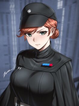 1girl artist_name black_cape black_hat black_jacket blurry blurry_background breasts cape closed_mouth commentary english_commentary expressionless freckles green_eyes hair_between_eyes hair_bun hat indoors jacket large_breasts light_blush looking_at_viewer military_uniform orange_hair single_hair_bun solo star_wars star_wars:_a_new_hope upper_body v-shaped_eyebrows zxpfer