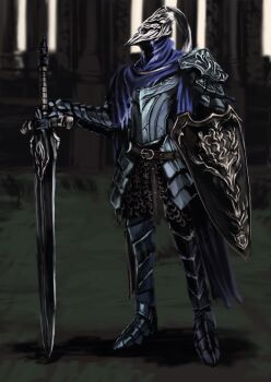 1boy armor artorias_the_abysswalker breastplate cape couter cuirass cuisses dark_souls_(series) dark_souls_i faulds full_armor gauntlets greatsword greaves helm helmet highres holding holding_shield holding_sword holding_weapon knight male_focus pauldrons planted planted_sword planted_weapon plate_armor plume rerebrace sabaton shield shoulder_armor solo standing sword torn_clothes tyokugekidato weapon