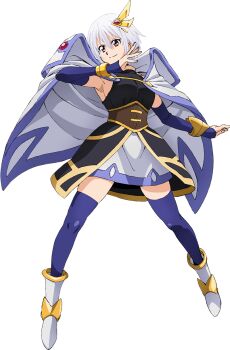 Rule 34 | 1girl, battle spirits, belt, black dress, boots, cape, dress, fingerless gloves, gloves, gold trim, hair ornament, hairclip, high collar, highres, long sleeves, official art, red eyes, short cape, short hair, sleeveless, thighhighs, toa the contract miko, white boots, white hair