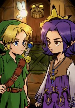 2boys agua_mp belt blonde_hair blue_eyes cowboy_shot crate hand_on_own_hip hat indoors jewelry kafei keaton_mask link looking_at_another mask mask_on_head multiple_boys nintendo open_mouth pendant pointy_ears purple_hair red_eyes sword sword_on_back tatl the_legend_of_zelda the_legend_of_zelda:_majora&#039;s_mask tunic weapon_on_back young_link