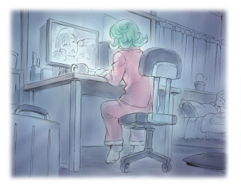 1girl bed bukkake cactus chair commentary_request computer cum cum_on_body cup curly_hair curtains facial green_hair highres mogudan monitor mug office_chair one-punch_man pajamas penis pillow pink_pajamas pornography sitting socks solo stuffed_animal stuffed_rabbit stuffed_toy swivel_chair table tatsumaki veins veiny_penis watching white_socks