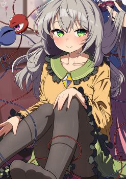 2girls absurdres black_pantyhose blue_shirt blush brushing_another&#039;s_hair brushing_hair buttons checkered_floor closed_mouth collarbone collared_shirt comb commentary_request contrast_collar diamond_button frilled_shirt_collar frilled_skirt frilled_sleeves frills green_eyes green_sailor_collar green_skirt grey_hair hand_on_own_knee hand_on_own_leg heart heart_button heart_of_string highres holding_another&#039;s_hair koishi_day komeiji_koishi komeiji_satori multiple_girls on_floor painting_(object) pantyhose pink_skirt polyhedron2 sailor_collar shirt sitting skirt smile solo third_eye touhou wide_sleeves yellow_shirt