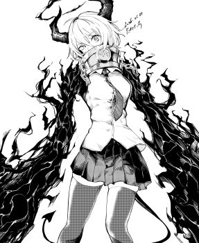 1girl 2026 absurdres ben-day_dots black_claws black_halo black_hands black_horns breasts broken broken_chain chain claws collar collared_shirt colored_extremities dated demon_tail don_quixote_(project_moon) e.g.o_(project_moon) greyscale halo hashtag-only_commentary highres horns index_(identity)_(project_moon) limbus_company looking_at_viewer metal_collar miniskirt monochrome necktie oversized_forearms oversized_limbs pleated_skirt procuration_(e.g.o) project_moon screentones shirt short_hair signature simple_background skindentation skirt solo tail thighhighs uneven_eyes utsuke white_background zettai_ryouiki