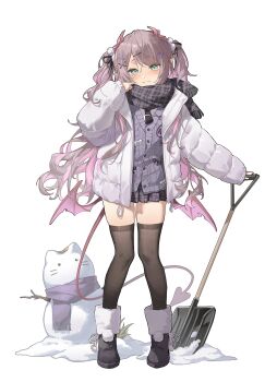 absurdres adjusting_scarf animal_ears black_boots black_eyes black_necktie black_scarf black_thighhighs blush boots brown_hair buttons cardigan cat_ears commentary_request demon_horns demon_tail demon_wings down_jacket full_body fur-trimmed_boots fur_trim green_eyes grey_cardigan grey_scarf grey_skirt grey_sweater highres holding holding_shovel horns indie_virtual_youtuber jacket looking_at_viewer midori_fufu midori_fufu_(vtuber) miniskirt multicolored_hair necktie open_clothes open_jacket pink_hair plaid_clothes plaid_skirt pointy_ears purple_scarf scarf shirt shovel simple_background skirt smile snow snowman sweater tail thighhighs two-tone_hair two_side_up virtual_youtuber whiskers white_background white_jacket white_shirt wings zettai_ryouiki