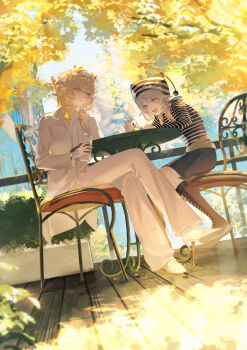 2girls achiki aglaea_(honkai:_star_rail) alternate_costume animal_ears black_skirt blonde_hair blue_eyes boots brown_boots cat_ears cat_girl chair cipher_(honkai:_star_rail) coat commentary_request green_eyes grey_hair highres honkai:_star_rail honkai_(series) laurel_crown multiple_girls on_chair pants partial_commentary shirt shoes sitting skirt smile striped_hat striped_hood white_coat white_pants white_shirt white_shoes wooden_floor