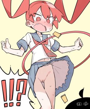 !? 1boy 1girl abarai575 accidental_exposure ahoge black_hair blush character_name cleft_of_venus clothes_lift embarrassed fang flat_chest hands_up hoop hula_hoop long_hair navel no_panties open_mouth orange_eyes orange_hair pussy sailor_collar school_uniform serafuku shirt short_sleeves skirt skirt_lift solo_focus standing surprised sweat tanaka_(ueno-san_wa_bukiyou) third-party_edit twintails ueno-san_wa_bukiyou ueno_(ueno-san_wa_bukiyou) uncensored wardrobe_malfunction wavy_mouth white_background wind wind_lift yellow_background