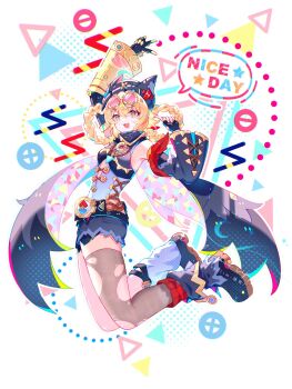 Rule 34 | 1girl, animal ear headwear, arm above head, armpit crease, arms up, bandana around arm, beanie, black gloves, black hat, blonde hair, blue shorts, boots, braid, braided hair rings, buttons, center opening, commentary, cross-laced clothes, cutoffs, denim, denim shorts, english text, eyewear on head, fake animal ears, fingerless gloves, floating, genshin impact, gloves, goggles, goggles on head, hair between eyes, hair rings, hat, highres, jahoda (genshin impact), jumping, leg warmers, looking at viewer, mechanical arms, open mouth, pink-tinted eyewear, platform boots, prosthesis, prosthetic arm, red leg warmers, shirt, shoes, short shorts, shorts, single fingerless glove, single mechanical arm, skindentation, sleeveless, sleeveless shirt, smile, solo, star-shaped pupils, star (symbol), symbol-only commentary, symbol-shaped pupils, thighhighs, tinted eyewear, torn clothes, torn shorts, torn thighhighs, v, viclim-monou, white background, x hat ornament, yellow eyes