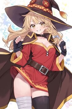 1girl absurdres alternate_costume bandaged_leg bandages belt belt_collar black_gloves black_panties black_thighhighs blonde_hair blush bow braid breasts brown_belt brown_cape brown_hat button_eyes buttons cape cleavage collar commentary_request cosplay dress fingerless_gloves gloves grin hair_bow hat highres kirisame_marisa kono_subarashii_sekai_ni_shukufuku_wo! long_sleeves looking_at_viewer megumin megumin_(cosplay) nagisa_(omiwatari_no_ya) off-shoulder_dress off_shoulder panties red_dress side_braid single_braid single_thighhigh smile solo thighhighs touhou trait_connection underwear white_bow witch_hat yellow_eyes