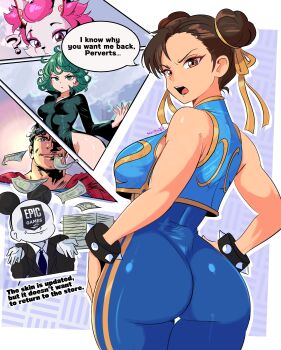 2boys 3girls ? absurdres annoyed artist_name ass breasts brown_eyes brown_hair capcom cape chun-li crossover double_bun english_text epic_games fortnite green_hair hair_bun hands_on_own_hips highres huge_ass large_breasts looking_at_viewer looking_back money multiple_boys multiple_girls one-punch_man open_mouth sideboob source_request street_fighter tatsumaki teeth thighs tongue unitard