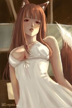 1girl animal_ears breasts brown_hair commentary diagada english_commentary highres holo indoors jewelry large_breasts lips long_hair looking_at_viewer necklace nightgown parted_bangs parted_lips pouch red_eyes solo spice_and_wolf tail twitter_username upper_body white_nightgown wolf_ears wolf_girl wolf_tail