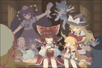 02charaice20 6+girls apron ascot black_hat black_skirt black_vest blonde_hair blue_bow blue_dress blue_eyes blue_hair bow braid brown_hair camera camera_around_neck cirno closed_eyes collared_shirt commentary cup curly_hair detached_sleeves detached_wings dress drinking_glass english_commentary frilled_bow frilled_hair_tubes frills fruit_hat_ornament hair_bow hair_tubes hakurei_reimu hat hat_bow hat_ornament highres hinanawi_tenshi holding holding_cup holding_newspaper horns ibuki_suika ice ice_wings kirisame_marisa komano_aunn leaf_hat_ornament long_hair luna_child mini_person minigirl multiple_girls neck_ribbon newspaper open_mouth orange_hair parasol peach_hat_ornament pinafore_dress pixel_art pom_pom_(clothes) red_bow red_ribbon red_shirt red_skirt ribbon ribbon-trimmed_sleeves ribbon_trim shameimaru_aya shirt short_sleeves side_braid single_braid single_horn skirt skirt_set sleeping sleeveless sleeveless_dress smile socks star_sapphire sukuna_shinmyoumaru sunny_milk tokin_hat touhou umbrella vest waist_apron white_apron white_bow white_dress white_hat white_shirt white_socks white_umbrella wings witch_hat yakumo_yukari yellow_ascot yellow_eyes yunomi