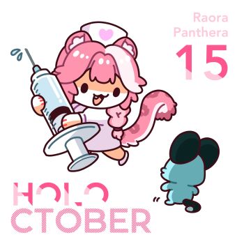 1girl :3 absurdres animal_ears character_name chattino_(raora_panthera) chibi chibi_only commentary dress english_commentary fang hat heart heart_print highres holding holding_syringe hololive hololive_english long_hair long_sleeves mochigome_(h0_pj) multicolored_hair nurse nurse_cap open_mouth panther_ears panther_girl panther_tail pink_hair pink_tail raora_panthera shoes simple_background smile solid_oval_eyes streaked_hair syringe tail two-tone_hair virtual_youtuber white_background white_dress white_hat white_shoes