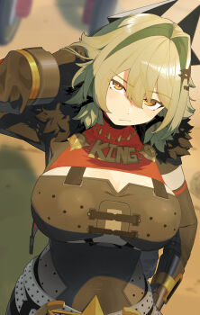 1girl :/ absurdres black_gloves breasts caesar_king_(zenless_zone_zero) cleavage commentary fur-trimmed_jacket fur_trim gloves green_hair hair_between_eyes hair_intakes half-jacket hand_in_own_hair hand_on_own_hip highres huge_breasts jacket light_blush looking_at_viewer mechanical_arms shinarika396 single_mechanical_arm solo yellow_eyes zenless_zone_zero