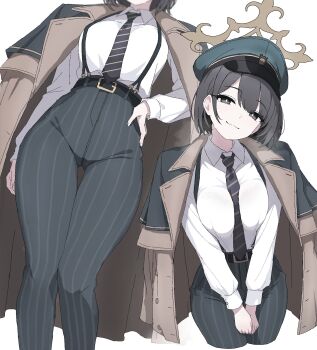 1girl between_breasts black_eyes black_hair black_pants blue_archive blush breasts brown_halo brown_jacket closed_mouth collared_shirt commentary_request covered_groin diagonal-striped_clothes diagonal-striped_necktie green_hat halo hand_on_own_hip hat high-waist_pants highres hiromi_(blue_archive) jacket jacket_on_shoulders large_breasts looking_at_viewer nakaoka_ramu narrow_waist necktie necktie_between_breasts pants peaked_cap revision shirt smile striped_clothes striped_pants suspenders thigh_gap vertical-striped_clothes vertical-striped_pants white_shirt