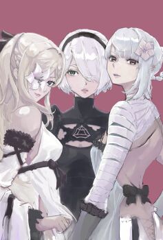2b_(nier:automata) 3girls backless_outfit bandaged_arm bandaged_neck bandages black_bow black_dress black_hairband black_ribbon blonde_hair blue_negligee blue_sleeves bow braid braided_hair_rings breasts brown_eyes cleavage cleavage_cutout clothing_cutout commentary_request detached_sleeves drag-on_dragoon drag-on_dragoon_3 dress flower flower_over_eye hair_between_eyes hair_flower hair_ornament hair_over_one_eye hair_ribbon hair_rings hairband highres juliet_sleeves kaine_(nier) lingerie long_hair long_sleeves looking_at_viewer medium_breasts mole mole_under_mouth multiple_girls negligee nier:automata nier_(series) nutori_manga panties parted_lips pink_background puffy_sleeves ribbon single_bare_shoulder sleeveless sleeveless_dress turtleneck turtleneck_dress underwear upper_body white_dress white_flower white_hair white_panties white_sleeves zero_(drag-on_dragoon)