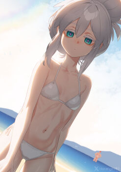 1boy 1girl absurdres aqua_eyes artist_name bikini bilingual_commentary blue_sky breasts character_request cloud collarbone commentary day deux_murasame english_commentary grey_hair gundam gundam_gquuuuuux highres horange looking_at_viewer mixed-language_commentary navel ocean outdoors sky small_breasts swimsuit twitter_username white_bikini
