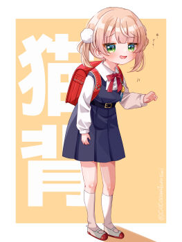 1girl :d backpack bag blunt_bangs blush border brown_hair collared_shirt commentary_request crime_prevention_buzzer dress fukune_koko full_body green_eyes hair_ornament highres hunched_over indie_virtual_youtuber jitome long_sleeves looking_at_viewer medium_hair neck_ribbon nervous_smile open_mouth orange_background outside_border pinafore_dress pleated_dress pom_pom_(clothes) pom_pom_hair_ornament randoseru red_bag red_ribbon red_shoes ribbon school_uniform shadow shigure_ui_(vtuber) shigure_ui_(young)_(vtuber) shirt shoes short_dress short_twintails sleeveless sleeveless_dress smile solo standing text_background translation_request twintails twitter_username uwabaki virtual_youtuber white_border white_shirt