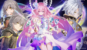 2boys 2girls absurdres aglaea_(honkai:_star_rail) anaxa_(honkai:_star_rail) aqua_hair bare_shoulders black_coat breasts bridal_veil caelus_(honkai:_star_rail) castorice_(honkai:_star_rail) cerydra_(honkai:_star_rail) chinese_commentary chrysos_heirs_(honkai:_star_rail) cipher_(honkai:_star_rail) coat commentary_request crystal_shards cyrene_(honkai:_star_rail) cyrene_(ripples_of_past_reverie)_(honkai:_star_rail) dan_heng_(honkai:_star_rail) dan_heng_(permansor_terrae)_(honkai:_star_rail) diamond-shaped_pupils diamond_(shape) dress evernight_(honkai:_star_rail) grey_hair halo highres honkai:_star_rail honkai_(series) hyacine_(honkai:_star_rail) hysilens_(honkai:_star_rail) large_breasts li_shijin long_hair march_7th_(honkai:_star_rail) medium_hair miyoushe_watermark multicolored_hair multiple_boys multiple_girls mydei_(honkai:_star_rail) phainon_(honkai:_star_rail) pink_hair purple_eyes short_hair sky star_(sky) starry_sky stelle_(honkai:_star_rail) symbol-shaped_pupils trailblazer_(honkai:_star_rail) trianne_(honkai:_star_rail) tribbie_(honkai:_star_rail) trinnon_(honkai:_star_rail) veil very_long_hair watermark white_dress white_hair yellow_eyes