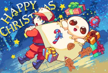 2boys :o absurdres android ankle_boots arched_window artist_request bald baseball_cap belt black_belt black_boots black_hair blue_background blue_bow blue_eyes boots bow box brown_boots brown_hair candy candy_cane character_cookie christmas christmas_lights christmas_tree colored_skin commentary company_connection crossover december dot_nose doukutsu_monogatari dutch_angle english_commentary english_text food fur-trimmed_sleeves fur_trim gift gift_box gingerbread_cookie gingerbread_man hat head_tilt highres holding holding_sack isaac_(the_binding_of_isaac) jacket king_(cave_story) looking_back mimiga multiple_boys muntins night official_art open_mouth outdoors outstretched_arms pants pine_tree quote_(cave_story) red_bow red_hat red_jacket red_pants red_sleeves robot_ears rooftop round_window sack sack_behind_back santa_hat second-party_source snowing spread_arms star_(symbol) star_ornament the_binding_of_isaac tile_roof torn_sack tree turning_head white_skin window winter yellow_bow