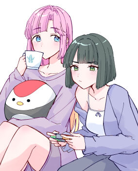 2girls alternate_costume anyoji_hime armpit_crease bare_shoulders black_hair black_pants blue_eyes blush breasts camisole collarbone commentary controller cup game_controller green_eyes hashtag-only_commentary highres holding holding_controller holding_cup holding_game_controller joy-con leaning_forward link!_like!_love_live! long_hair long_sleeves love_live! medium_breasts momose_ginko mug multiple_girls pants pink_hair purple_shirt shirt short_hair sidelocks single_bare_shoulder single_off_shoulder stuffed_animal stuffed_bird stuffed_toy tsuru_(love_live!) white_camisole zangemiya