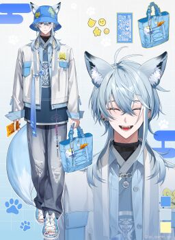 1boy :d ^_^ absurdres animal_ears antenna_hair bag bag_charm beads bell between_fingers black_shirt blue_background blue_bag blue_eyes blue_hat blue_jacket blue_ribbon blue_shirt blue_shoes breast_pocket bucket_hat chain chain_necklace charm_(object) chinese_knot closed_eyes closed_mouth collared_jacket color_guide crossed_bangs denim ear_piercing earrings ears_through_headwear egasumi extra_ears fangs fold-over_collar fox_boy fox_ears fox_tail full_body gradient_background grey_pants hair_between_eyes haro_(stave) hat hat_chain hat_ornament highres holding holding_bag jacket jade_(gemstone) jeans jewelry jingle_bell layered_clothes long_sleeves looking_at_viewer male_focus medium_hair multicolored_hair nail_polish neck_bell necklace official_art open-toe_shoes open_clothes open_jacket open_mouth pants paw_print paw_print_background piercing pocket pom_pom_(clothes) print_headwear purple_nails qr_code ribbon ring_piercing shirt shoes simple_background sjamki sleeve_cuffs sleeves_past_wrists smile sneakers solo standing stave_(vtuber) sticker streaked_hair stud_earrings tail talisman tassel toenail_polish toenails torn_clothes torn_jeans torn_pants tote_bag turtleneck turtleneck_shirt undershirt untucked_shirt virtual_youtuber white_background white_jacket wolf_cut yaopei zipper zoom_layer