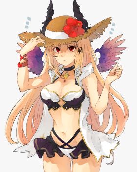 Rule 34 | 1girl, bare shoulders, bikini, black bikini, black choker, black horns, blonde hair, breasts, choker, cleavage, commentary request, cowboy shot, dark angel olivia, feathered wings, flower, granblue fantasy, hair ornament, hat, hat flower, highres, horns, jacket, layered bikini, long hair, medium breasts, mini wings, multicolored bikini, open clothes, open jacket, pendant choker, purple wings, red eyes, red flower, simple background, sleeveless, sleeveless jacket, solo, straw hat, sun hat, swimsuit, white bikini, white jacket, wings, yakota (usuk-yako)