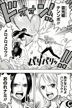 ! !! 2girls artist_request boa_hancock breasts electricity emphasis_lines fighting holding holding_weapon large_breasts long_hair monochrome multiple_girls nami_(one_piece) oda_eiichirou_(style) one_piece serious translation_request very_long_hair weapon wide_hips