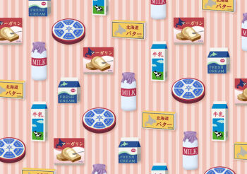 bottle butter cheese cheese_wheel commentary_request cream drink drink_carton english_text food food_focus huu_cocoray margarine milk milk_bottle milk_carton no_humans original striped_background translation_request
