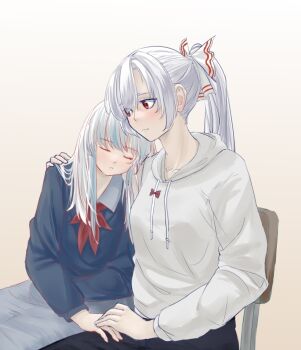 2girls alternate_costume arm_around_shoulder blush chair chinese_commentary collarbone commentary contemporary fujiwara_no_mokou grey_hair hood hoodie kamishirasawa_keine leaning_on_person leaning_to_the_side long_hair looking_at_another multiple_girls p.fishtail ponytail red_eyes school_chair simple_background sitting sleeping straight_hair touhou white_hoodie yuri