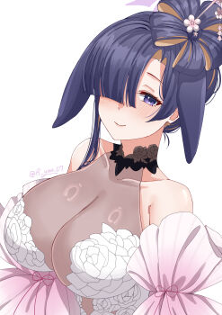 1girl absurdres animal_ears bare_shoulders blonde_hair blue_archive breasts closed_mouth colored_inner_hair commentary detached_sleeves dress droopy_ears ears_down floppy_ears flower-shaped_hair flower_dress hair_over_one_eye halo highres large_breasts looking_at_viewer lop_rabbit_ears multicolored_hair official_alternate_costume official_alternate_hairstyle pink_sleeves purple_eyes purple_hair purple_halo rabbit_ears rabbit_girl rynn_(darknescorez) see-through_cleavage see-through_clothes simple_background smile solo tsukuyo_(blue_archive) tsukuyo_(dress)_(blue_archive) twitter_username two-tone_hair upper_body white_background
