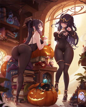 2girls ass black_choker black_hair black_nails bodystocking book book_stack bracelet breasts bridal_gauntlets candy chocolate_coin choker circlet coin cosplay costume_switch crossover earrings familiar fire_emblem fire_emblem_awakening food full_body genshin_impact gold gold_coin green_eyes grin halloween halloween_costume high_heels holding holding_coin jack-o&#039;-lantern jewelry large_breasts leaning_on_object long_hair medium_breasts mitsu_(mitsu_art) mona_(genshin_impact) mona_(genshin_impact)_(cosplay) multiple_girls nintendo pantyhose parted_lips patreon_username pumpkin purple_eyes see-through_bridal_gauntlets shoes skin_tight smile standing star_(symbol) star_earrings stirrup_legwear tharja_(fire_emblem) tharja_(fire_emblem)_(cosplay) thighlet tiptoes toeless_legwear twintails two_side_up unworn_shoes very_long_hair