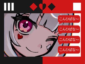 1girl ;) black_background diamond_(shape) facial_mark ggg_sya grey_hair heart highres honkai:_star_rail honkai_(series) mark_under_both_eyes one_eye_closed pink_eyes red_background smile solo sparkle_(honkai:_star_rail) sparxie_(honkai:_star_rail) translation_request two-tone_background