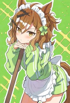 Rule 34 | ahoge, alternate costume, animal ears, apron, blush, bow, breasts, broom, brown hair, closed mouth, frilled apron, frills, green bow, green jacket, green shorts, hair between eyes, hair ornament, hairclip, head rest, holding, holding broom, horse ears, horse girl, horse tail, interlocked fingers, jacket, jersey maid, jungle pocket (umamusume), long sleeves, looking at viewer, maid, maid apron, maid headdress, mauve, medium hair, shorts, tail, track jacket, umamusume, unconventional maid, waist apron, white apron, white headdress, yellow eyes