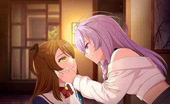 2girls ahoge bare_shoulders blue_eyes blush bookshelf braid brown_hair closed_mouth game_cg highres indoors long_hair looking_at_another multiple_girls off_shoulder purple_hair renjakuno_hatsumi smile third-party_source world_dai_star yellow_eyes yorozu_iruru yuri