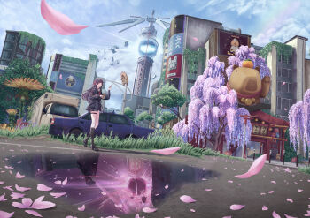 1girl absurdres black_hair black_jacket black_skirt chisa_(wuthering_waves) city commentary_request different_reflection hair_ribbon highres jacket long_hair long_sleeves namipon_(wuthering_waves) outdoors petals pink_petals puddle red_ribbon reflection reflective_liquid ribbon ruins ruka_kazari skirt wide_shot wuthering_waves